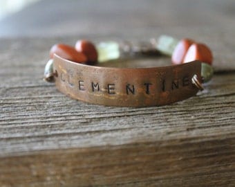 No. 016 - Green and Burnt Orange ID Bracelet with Hand Stamped Focal Piece - Clementine