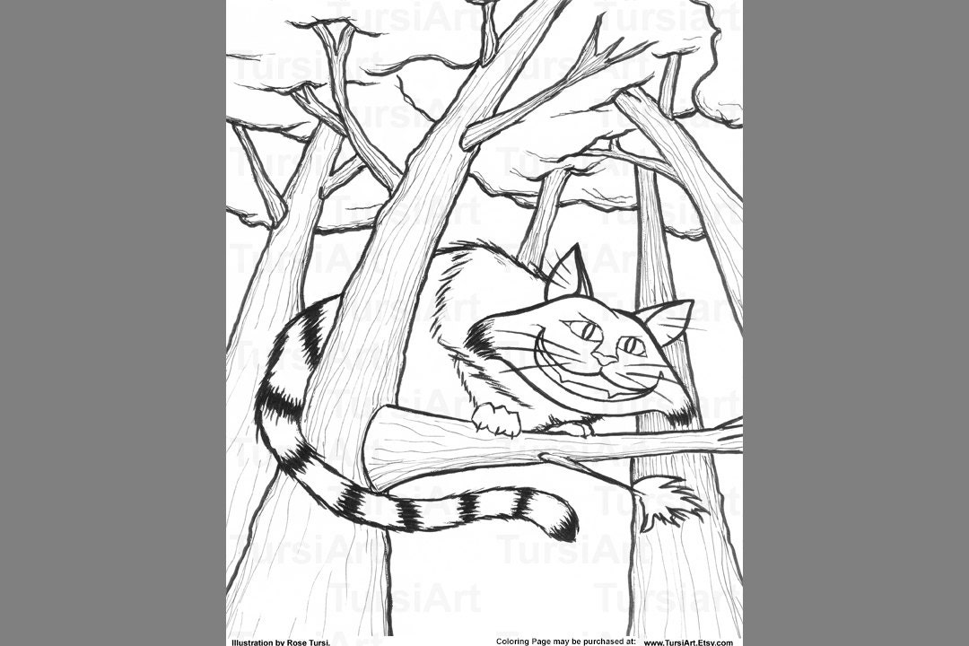 Cheshire Cat Coloring Page Digital Download Printable by TursiArt