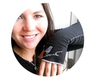 Fingerless Gloves, Little bird on branch Arm Warmers in black or custom colors, great stocking stuffer