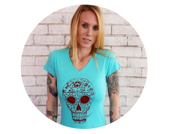 Light Turquoise Sugar Skull Tshirt, Screenprinted Graphic Tee, v-neck in Powder Blue, Womens Clothing, Day of the Dead Red Skull Calavera