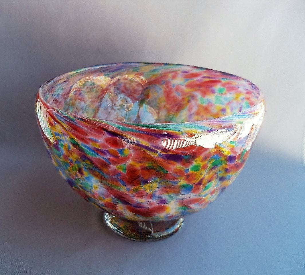 Hand Blown Art Glass Fruit Candy Bowl on FootMulticolored