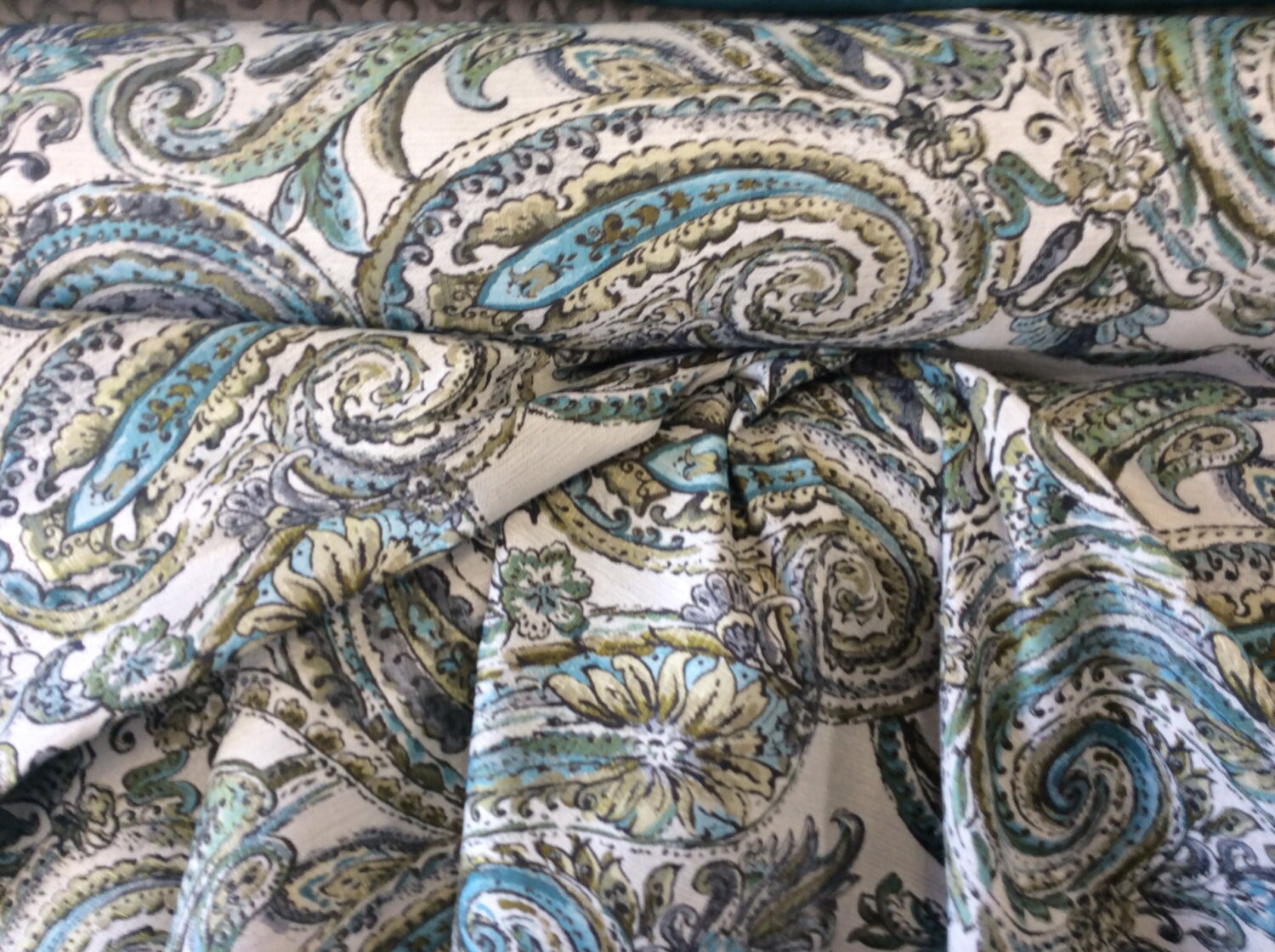 PAISLEY Teal Gray Aqua Lime UPHOLSTERY FABRIC 30-14-24-0916