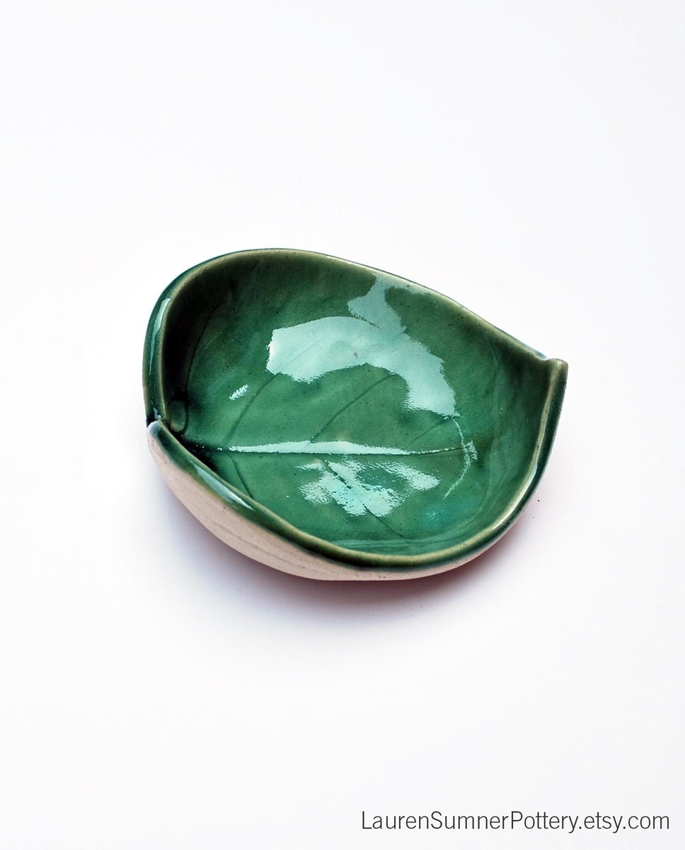 Green Leaf Bowl Ceramic Pottery Jewelry by LaurenSumnerPottery
