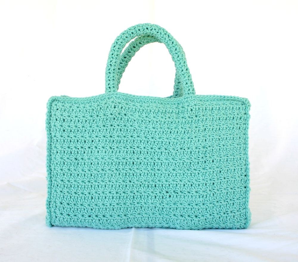 Crochet book tote turquoise bag handles blue green star stitch