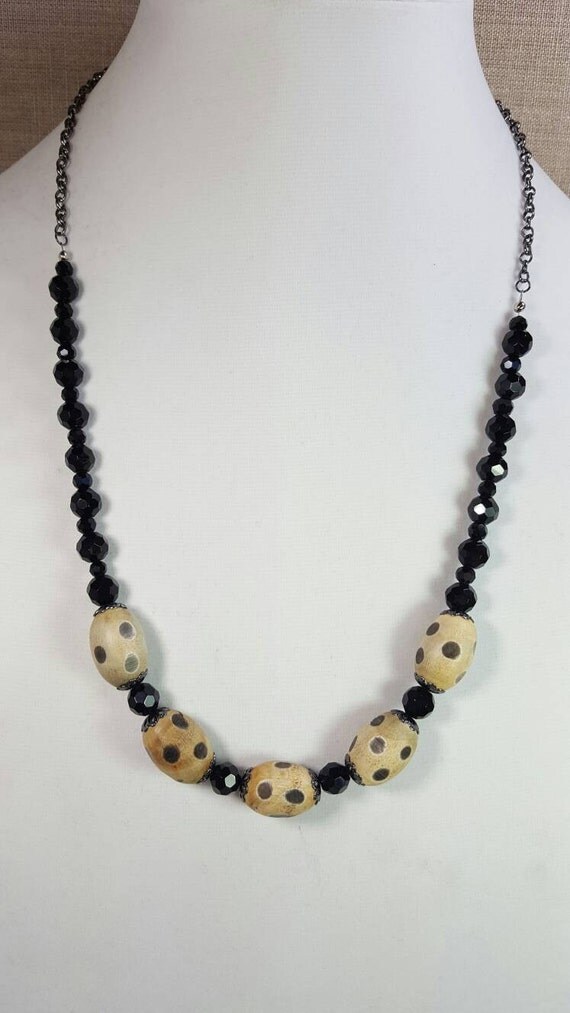 Black and Tan Polka Dot Beaded Chain Necklace by SassyHatCF