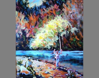 Landscape Oil Painting ~ Oil painting print ~ Digital download print of a fishing landscape scene in oil paints.