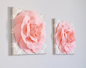 Peachy Pink Roses on Neutral Taupe/Gray Tarika 12 x 12 Canvases NEW COLOR - Pale Coral Nursery Decor