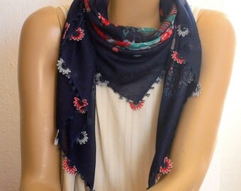 Navy scarf with needle lace trim, turkish oya