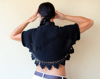 Black Knit Shrug, Crochet Shrug, Knit Bolero, Sweater Cardigan, Bolero Jacket, Wedding Cape, Bridal Shrug, Evening Shrug, Flower Bolero