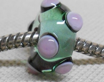 Handmade Lampwork European Charm Bead Transparent Light Green with Black and Light Purple Dots