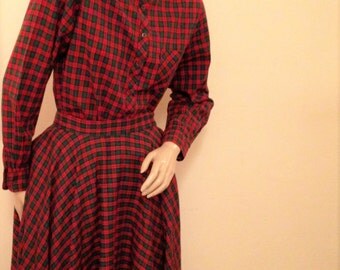 50's Ship n'Shore Red Plaid Shirt and Full Circle Skirt Size 7 XS