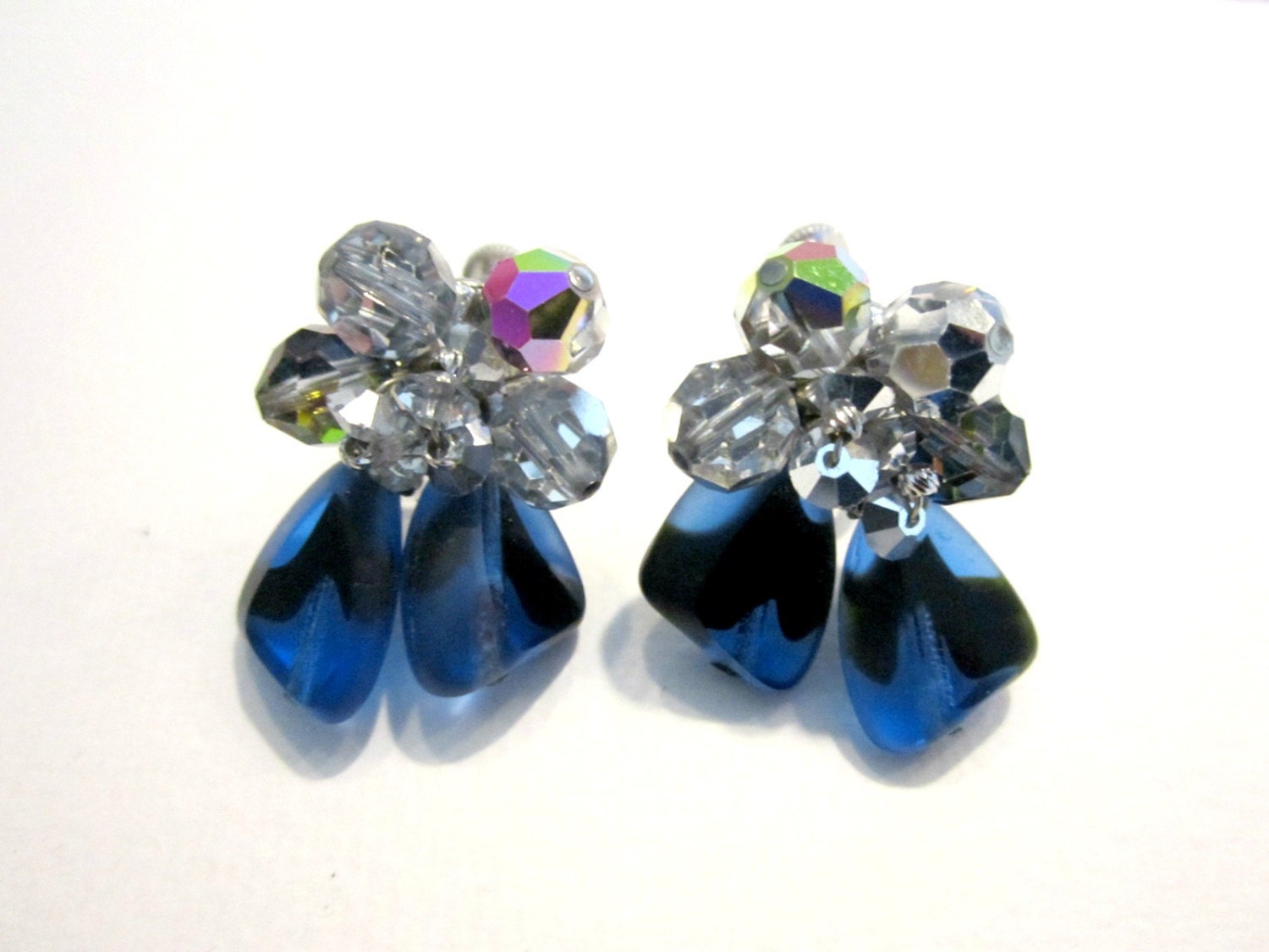 Vintage Vendome Earrings Clip Designer Signed Blue Black