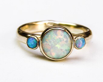 Unique Engagement Ring, Blue Opal Ring,14k gold ring , Wedding Ring, White opal rings, Anniversary Ring, Hammerd gold, gift for her
