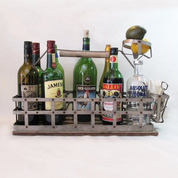 Galvanized Metal & Wood Milk Bottle Carrier Farmhouse