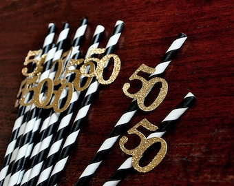 Black and Gold Straws for 50th Party 10CT. Handcrafted in 2-3 Business Days. 50th Birthday Party Ideas.