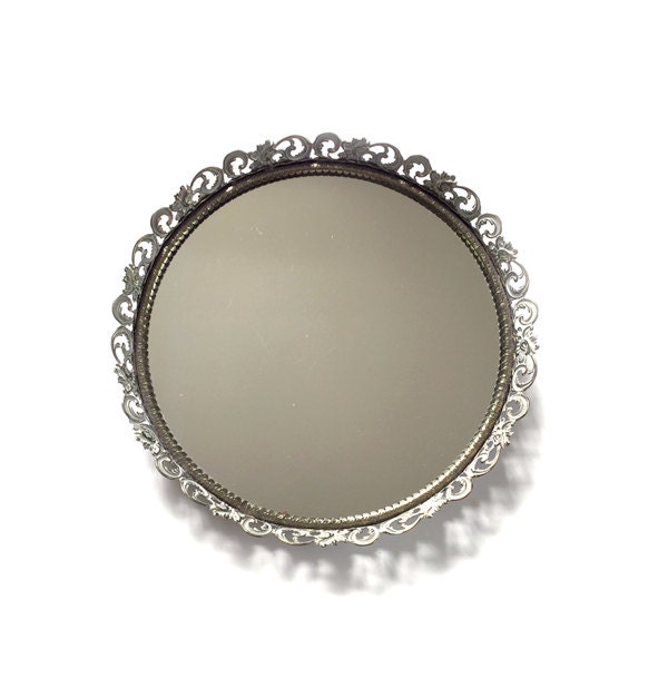 Antiqued Round Vanity Tray Boudoir Mirror Makeup Tray