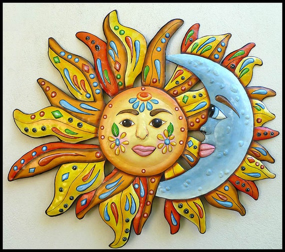 Painted Metal Wall Hanging Sun Moon Funky Art by TropicAccents