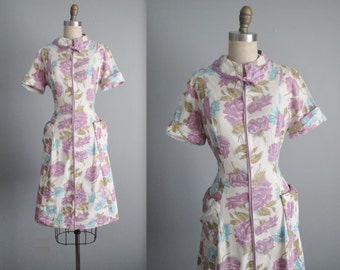 50's Floral Dress // Vintage 1950's Rose Print Full Cotton Garden Party Casual House Dress L
