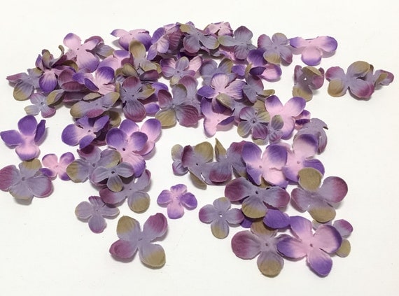 Artificial flower blossoms - 70 hydrangea blossoms in purple pink and khaki BlissfulSilks in Etsy Studio