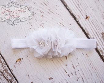 White Chiffon Headband/ Baby Shabby Headband/ Flower Headband/ White Headband/ Baby Headband/ Baptism Headband/ Christening Headband