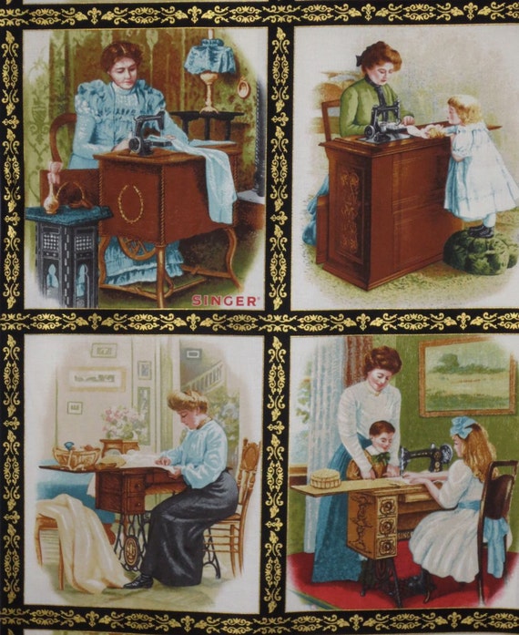 Singer Sewing Machine Vintage Print with Metallic Gold Pure Cotton