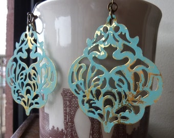 Large Damask Filigree Verdigris Patina Earrings, Bold, Statement Earrings