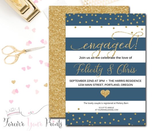 Engagement Party Invitation - Engagement Invitation - Bridal Shower Invitation - Wedding Shower Invitation - Blue & Gold Bridal Shower Il_570xn
