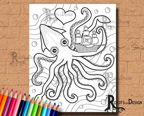 INSTANT DOWNLOAD Coloring Kraken  Art Coloring Print doodle