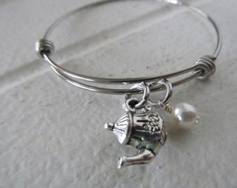 Tea Pot Charm Bracelet- Adjustable Bangle Bracelet with Tea Pot Charm, and accent bead in your choice of colors
