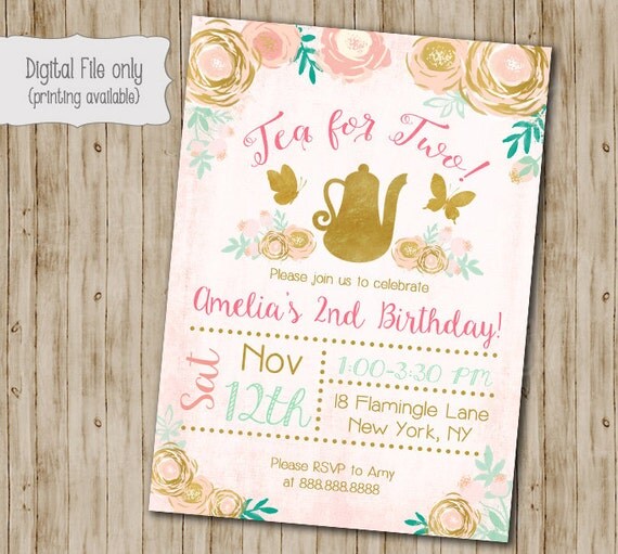 Tea for two Birthday Invitation // Floral Birthday Invite