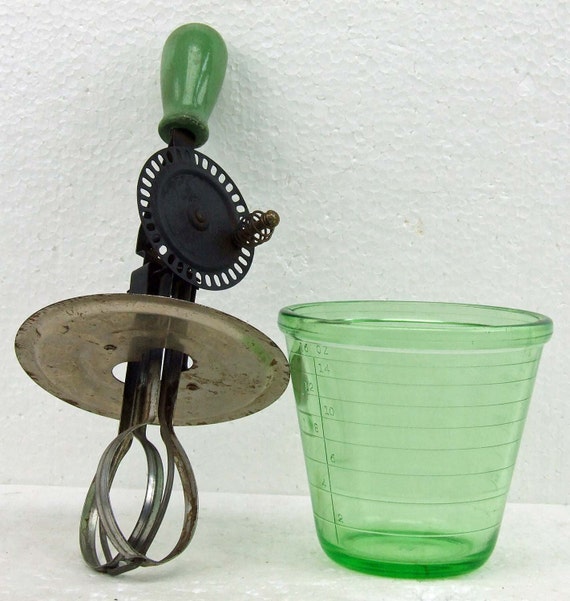 Vintage Vaseline Glass Measuring Cup and Hand Mixer Green