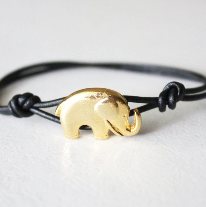 Elephant Leather Bracelet or Anklet Gold Elephant Bracelet