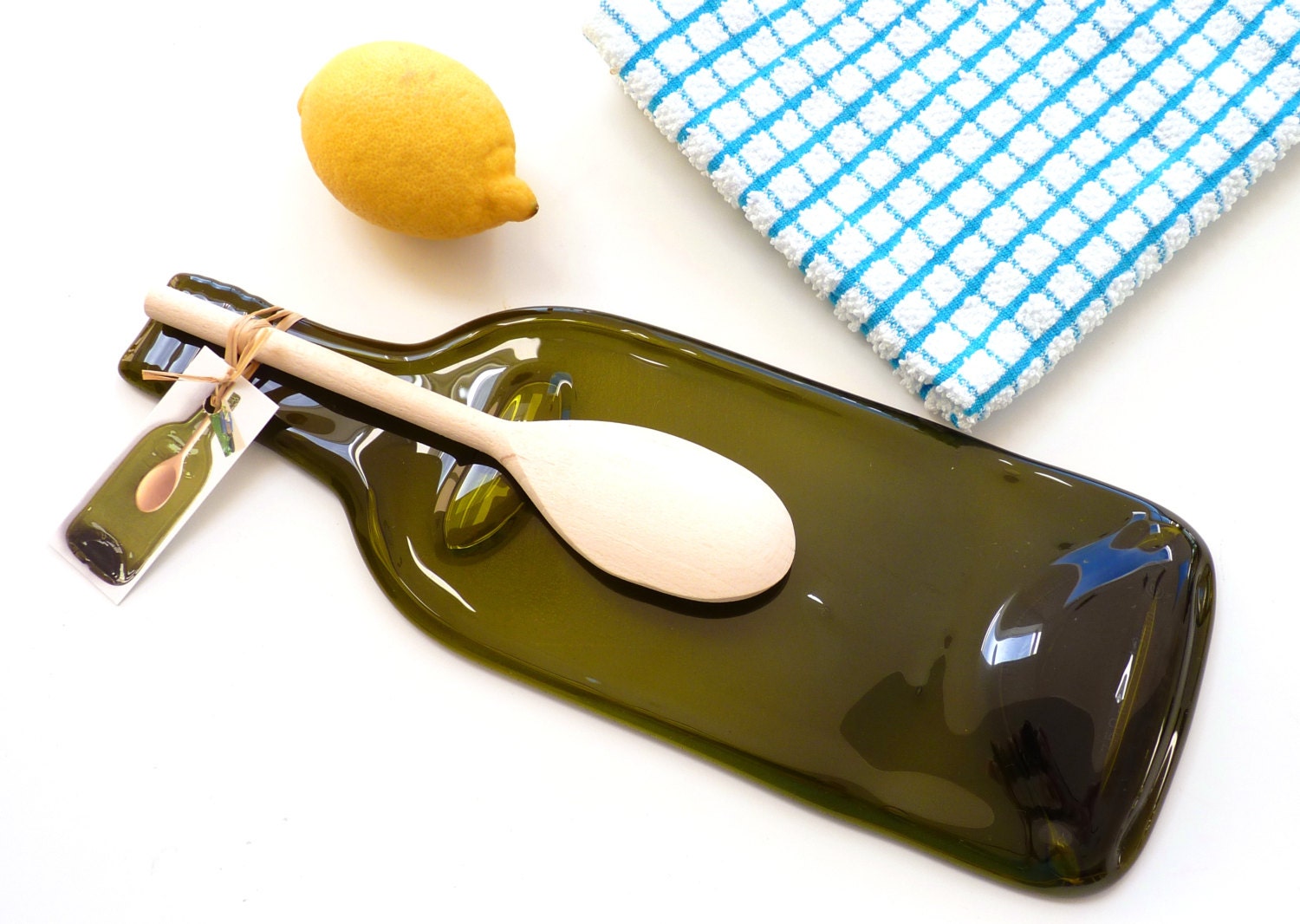 Melted bottle spoon rest recycled wine bottle and wooden