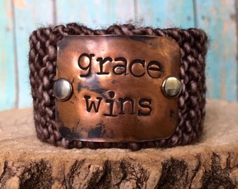 Grace Wins Religious Bracelet, Custom Hand Stamped Bracelet, Christian Bracelet, Scripture Jewelry