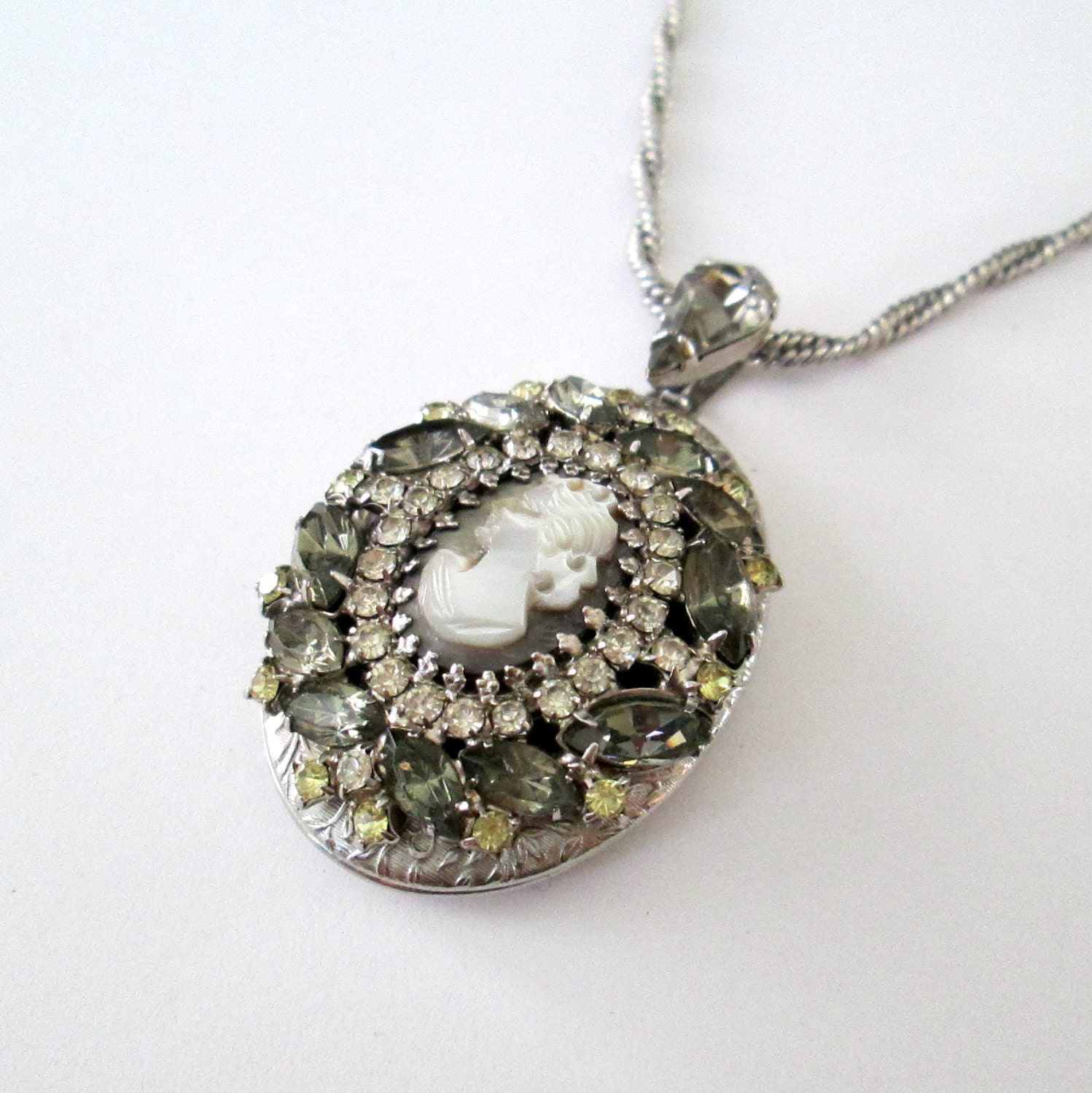 Hobe Cameo Locket Necklace // MOP Cameo Colored Rhinestones