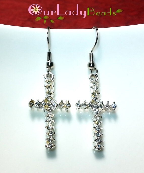 Items similar to Religious Earrings, Cross Earrings, Rosary Jewelry