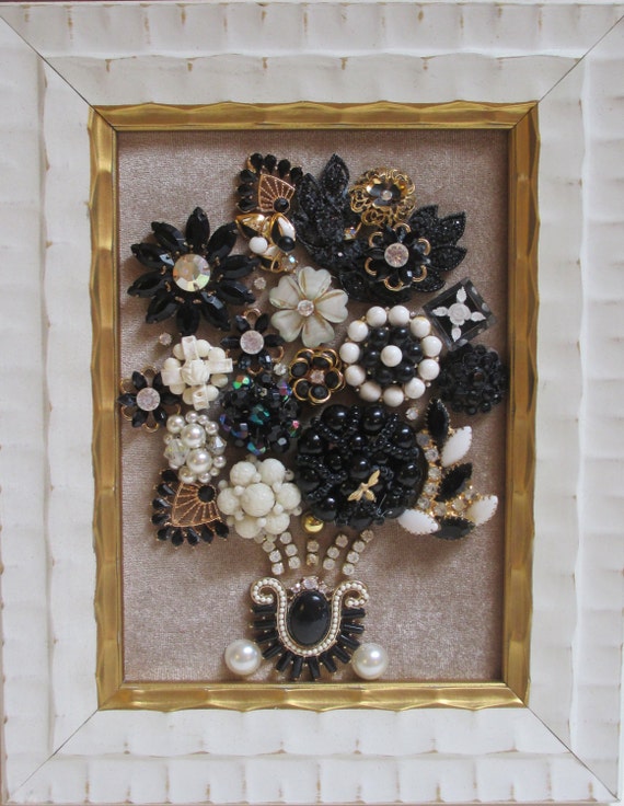 Jeweled Framed Jewelry Flower Bouquet Black Cream White