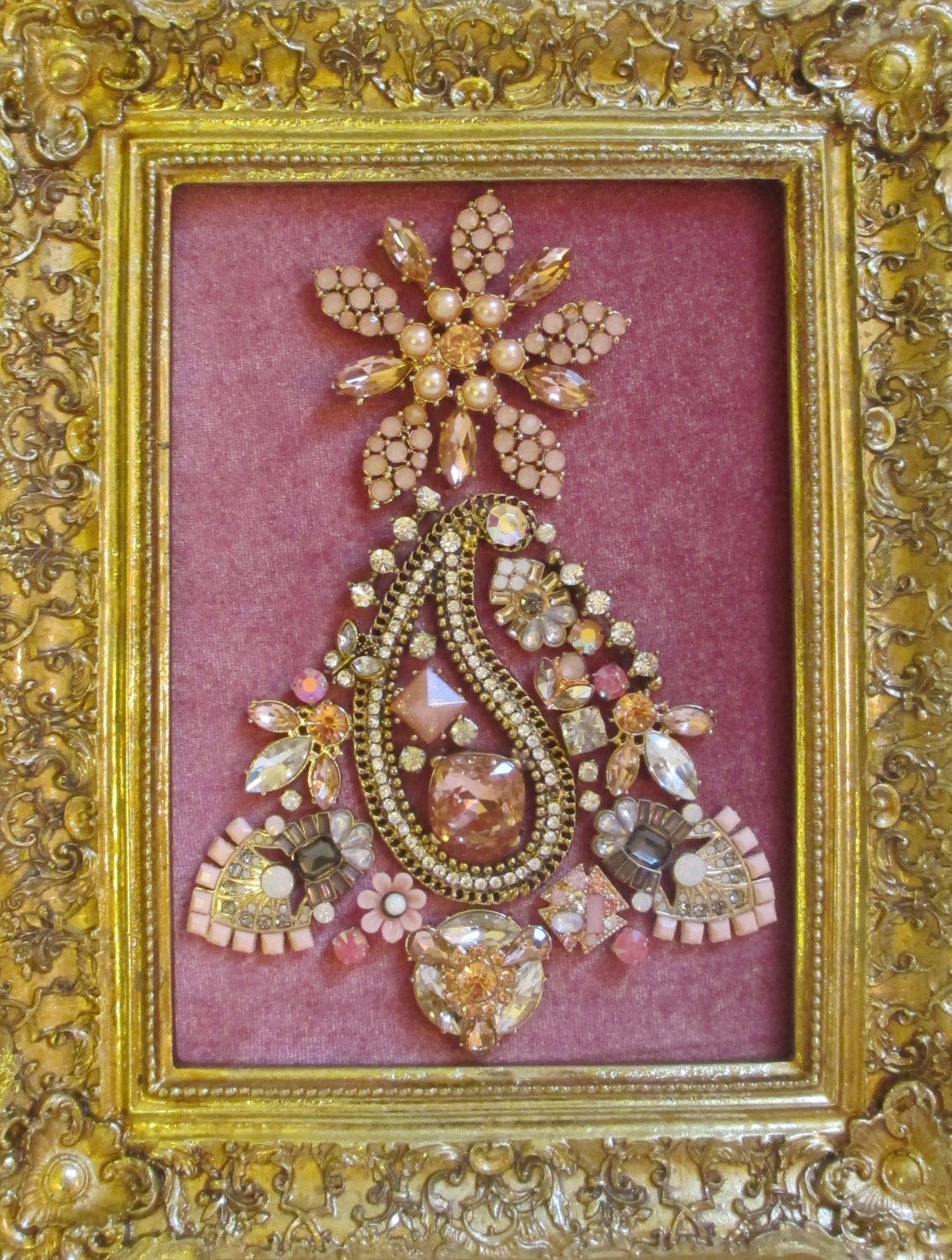 Jeweled Framed Jewelry Christmas Tree Rose Pink Deco Vintage