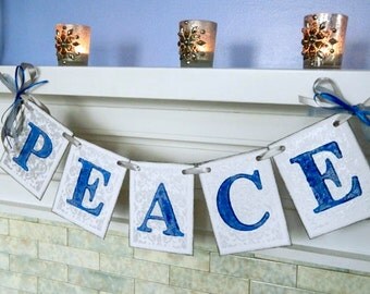 Christmas Decorations - PEACE Sign - Vintage Inspired Holiday Garland- Blue and Silver Christmas Garland - Holiday Photo Prop