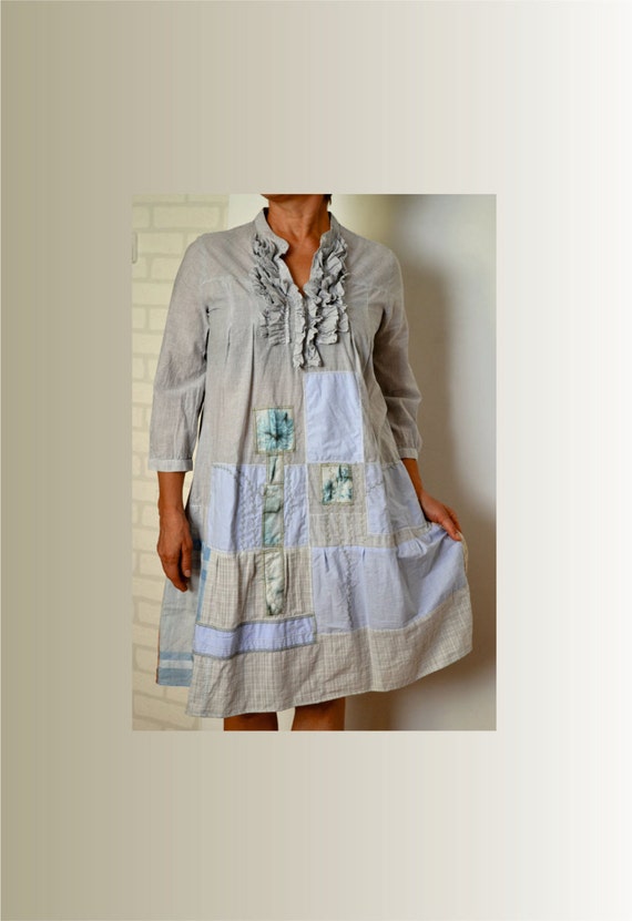 Dress Cotton Patchwork Artsy Lagenlook Womens fashion Gray