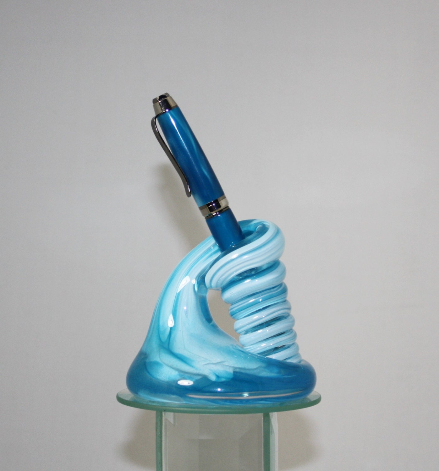 Large Aqua Glass Pen Holder & Matching Pen