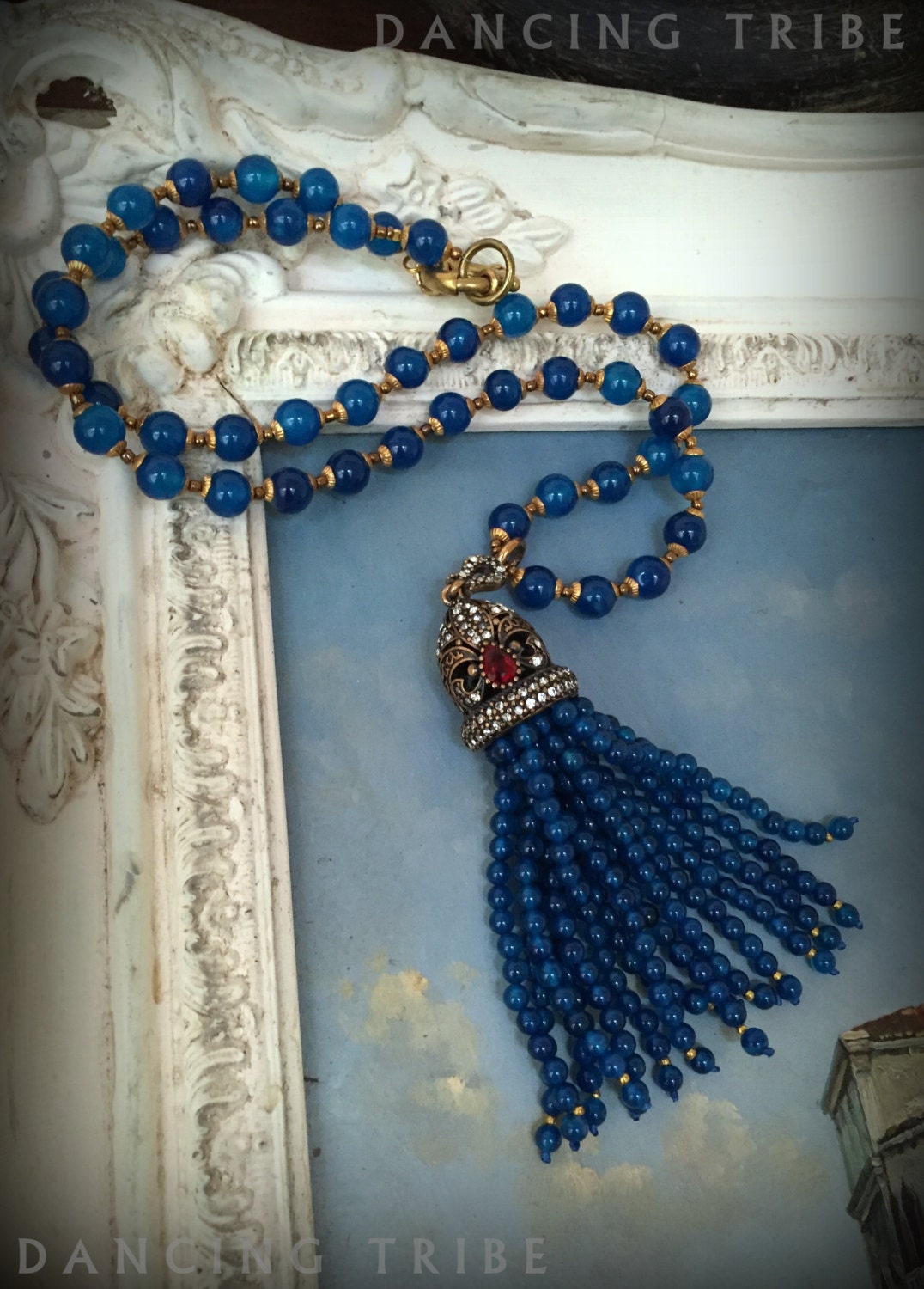 Blue Tassel Necklace Beaded Tassel Necklace Blue by DancingTribe
