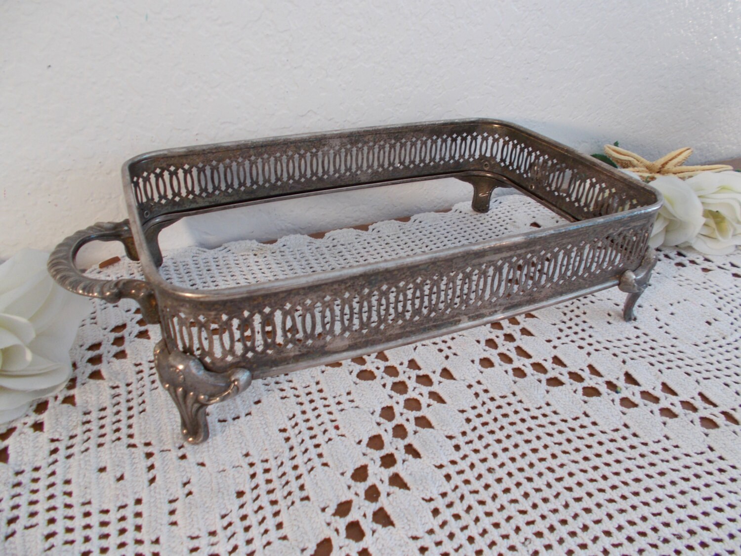 Vintage Silver Casserole Dish Serving Tray Ornate Mid Century