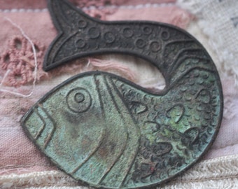 Egyptian Style Fish Brass Stamping, Honey Cyan Patina