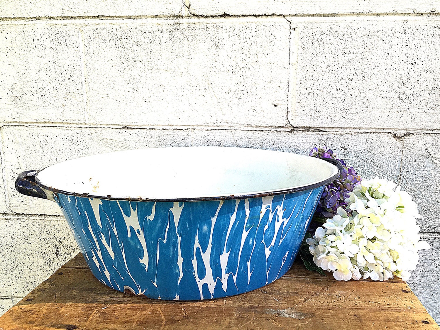 Enamel WASH BASIN Vintage Blue and White Swirl Enamelware
