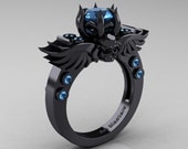 Art Masters Classic Winged Skull 14K Black Gold 1.0 Ct Blue Topaz Solitaire Engagement Ring R613-14KBGBT