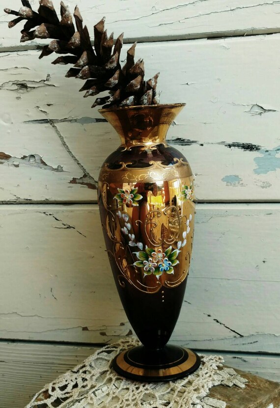 Vintage Clear Purple Glass Vase With Hand Painted Flowers