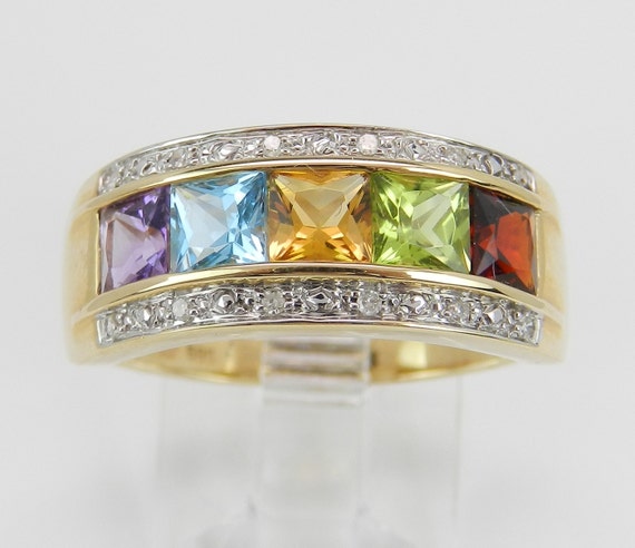 Diamond and Multi Color Princess Cut Gemstone Wedding Ring