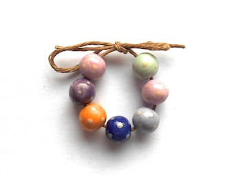 Pastel Shade Polka Dot Round Mini Bead Set Handmade Ceramic Mixed Glazes