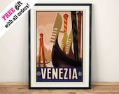 Poster di viaggio di Venezia: Annuncio vintage Gondola, Stampa artistica Appendere a parete, Brown